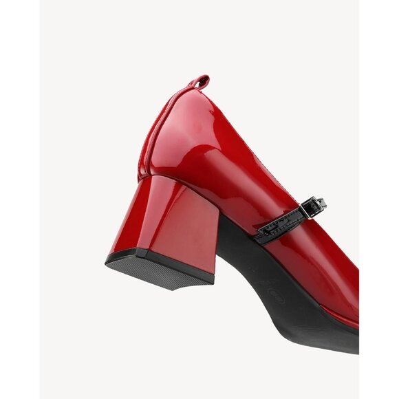 Newbella Women's Red Mary Jane Pumps Low Block Heel Square Toe Dress Shoes - Picture 4 of 5
